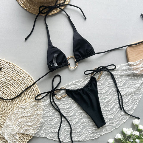 Bikini Solid Color Lace-Up Swimsuit