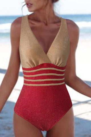 RED STRIPE PATCHWORK ONE-PIECE SWIMSUIT