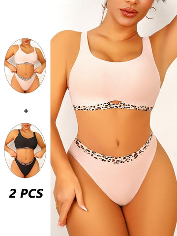 Conjunto de sujetador push-up transpirable con estampado de leopardo hueco en color rosa