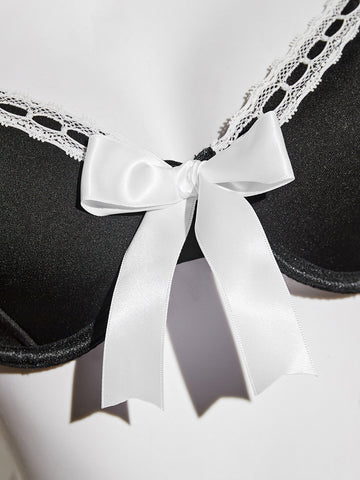 Bow Tie Contrast Lace Decor Lingerie Set Skirt