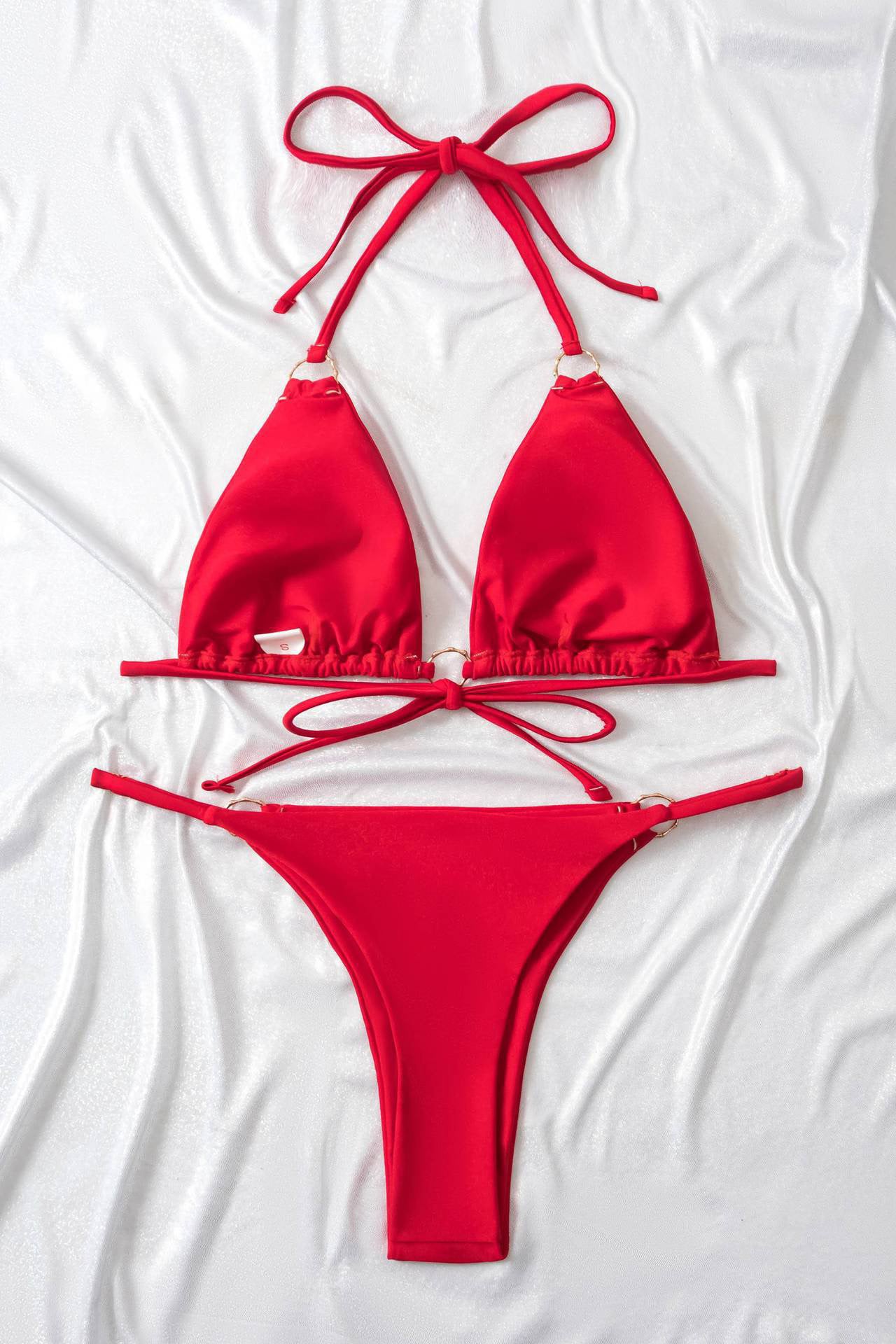 Bikini con aros y cuello halter para playa en verano - Rojo