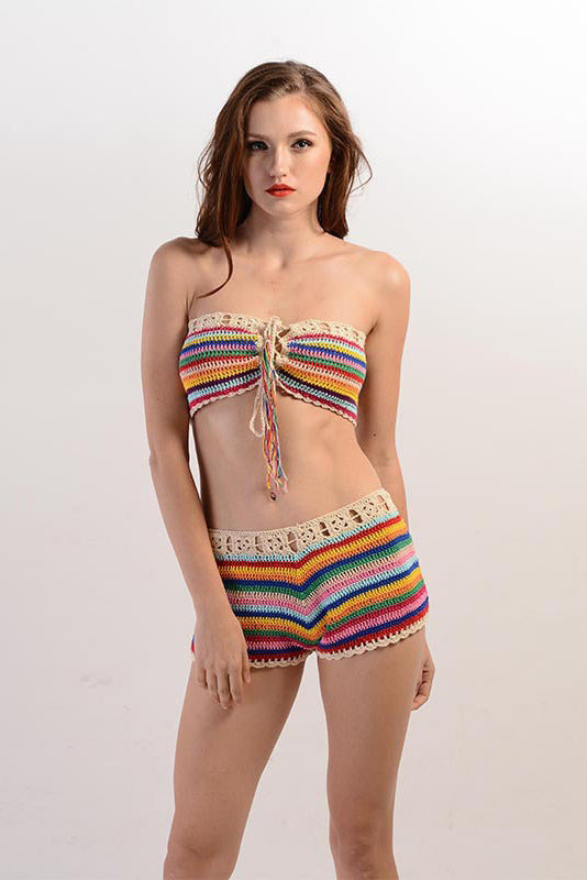 Colorful Striped Two-Piece Suit Knitted Crochet Lace