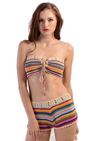 Colorful Striped Two-Piece Suit Knitted Crochet Lace