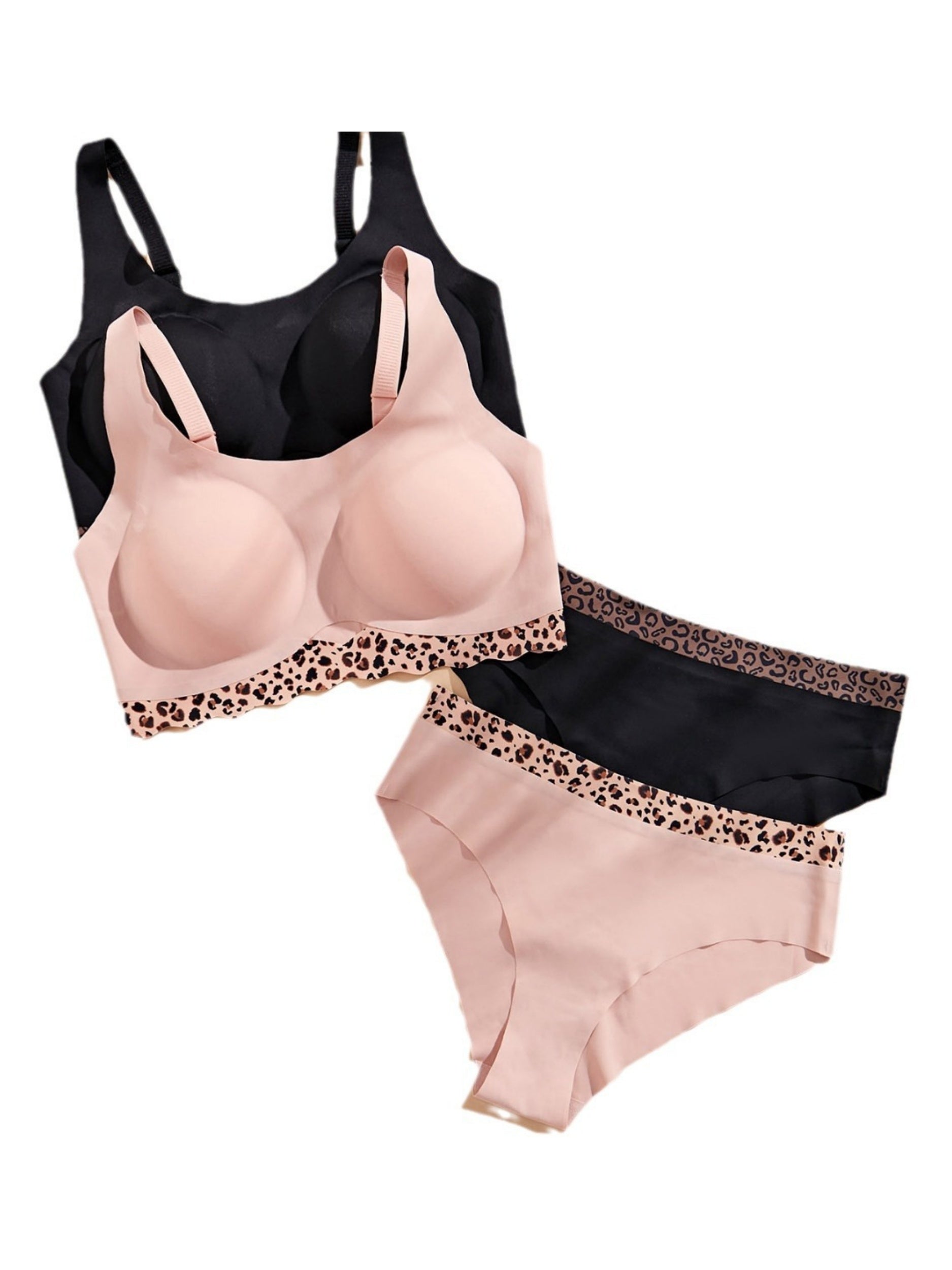 Conjunto de sujetador push-up transpirable con estampado de leopardo hueco en color rosa