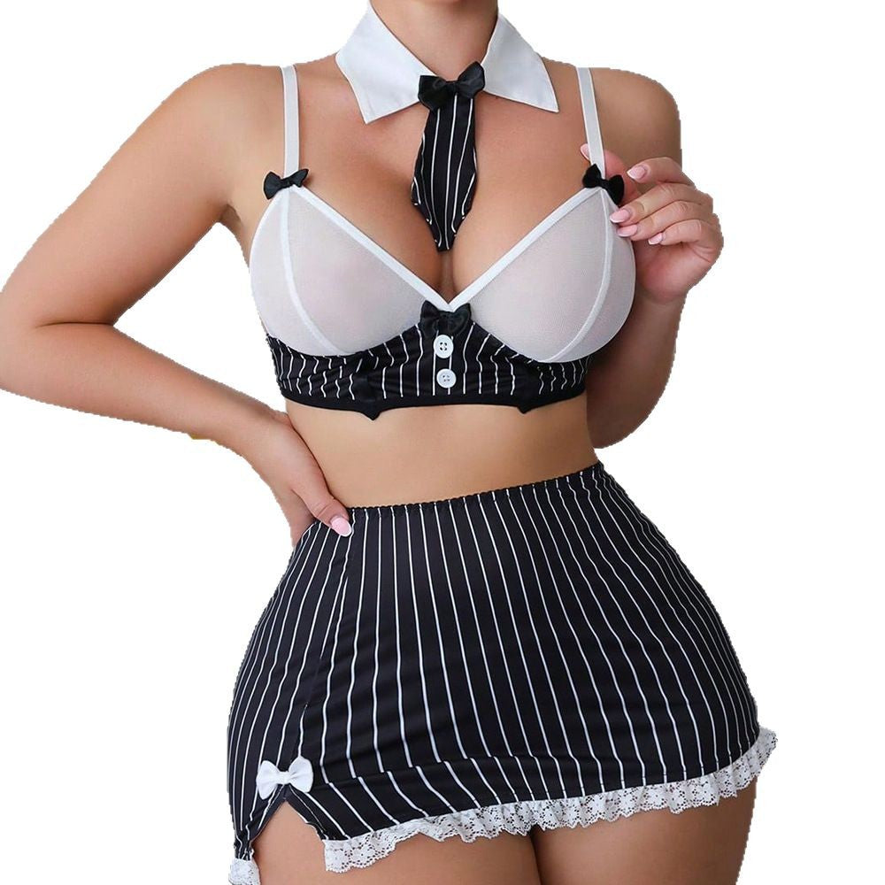 Lace Striped Short Skirt Thong Bow Tie Four-Piece Set