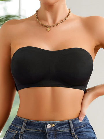 Sujetador bandeau informal con botones laterales sencillos sin costuras para mujer, color negro