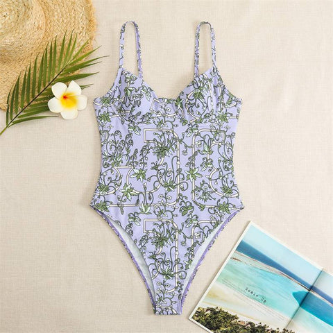 Olive Floral Print Underwired One Piece Swimsuit - Purple