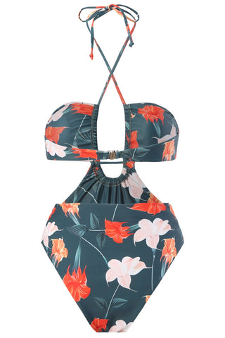 Floral Printed Cutouts Halter One Piece Swimsuit - Red