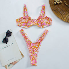 Pink Floral Ruffled Balconette Underwired Bikini Top