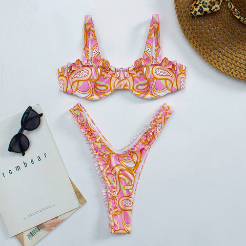 Braguita de bikini con escote en V y volantes con estampado floral rosa