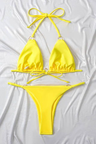 Bikini con aros y cuello halter para playa en verano - Amarillo