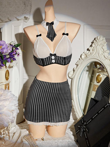 Lace Striped Short Skirt Thong Bow Tie Four-Piece Set