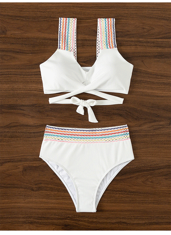 BUNTES BIKINI-SET MIT GEWELLTEM GERIPPTEM BUND - WEISS