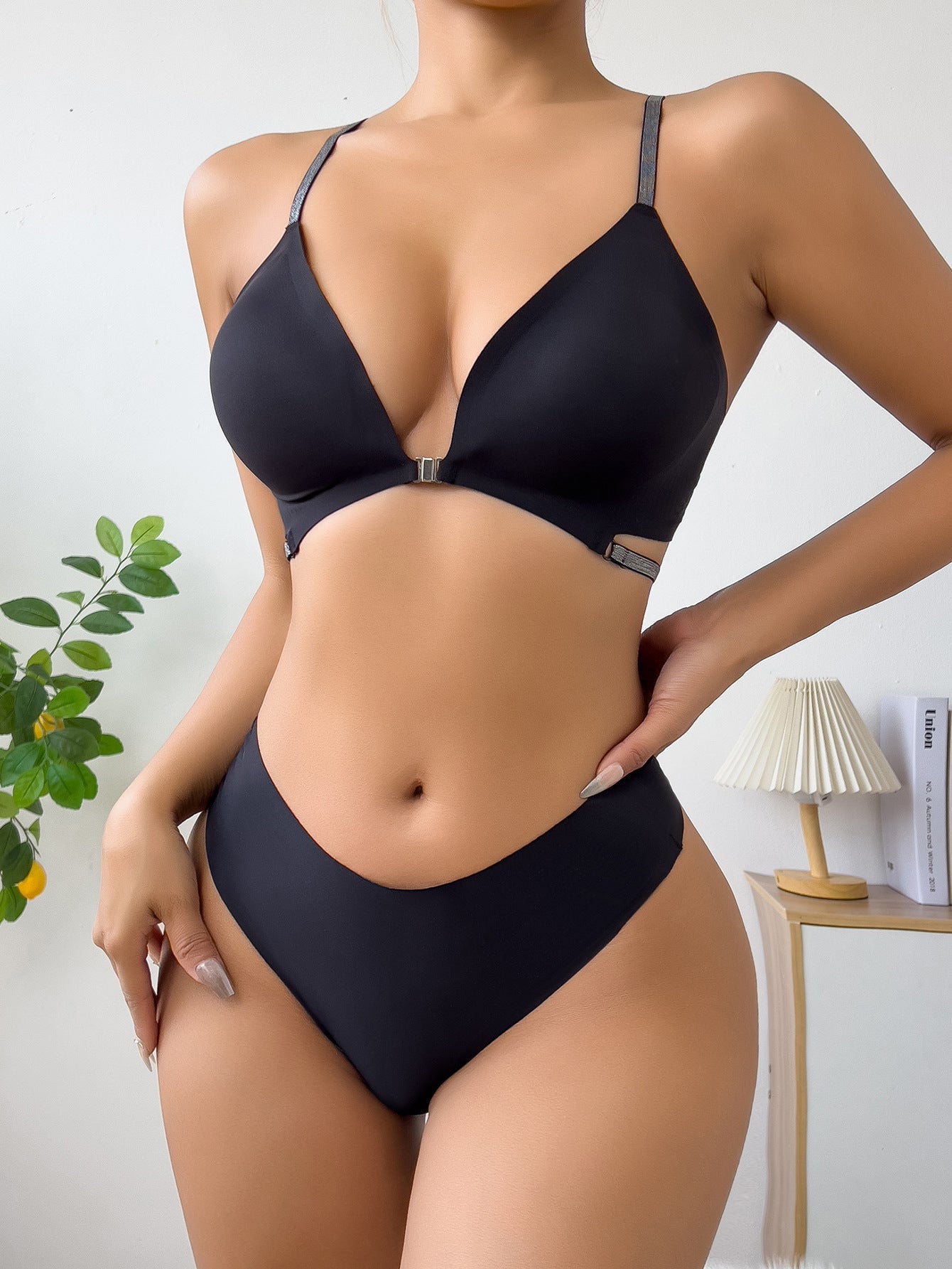 Conjunto de sujetador y tanga sexy, transpirable, sin costuras y con cierre frontal