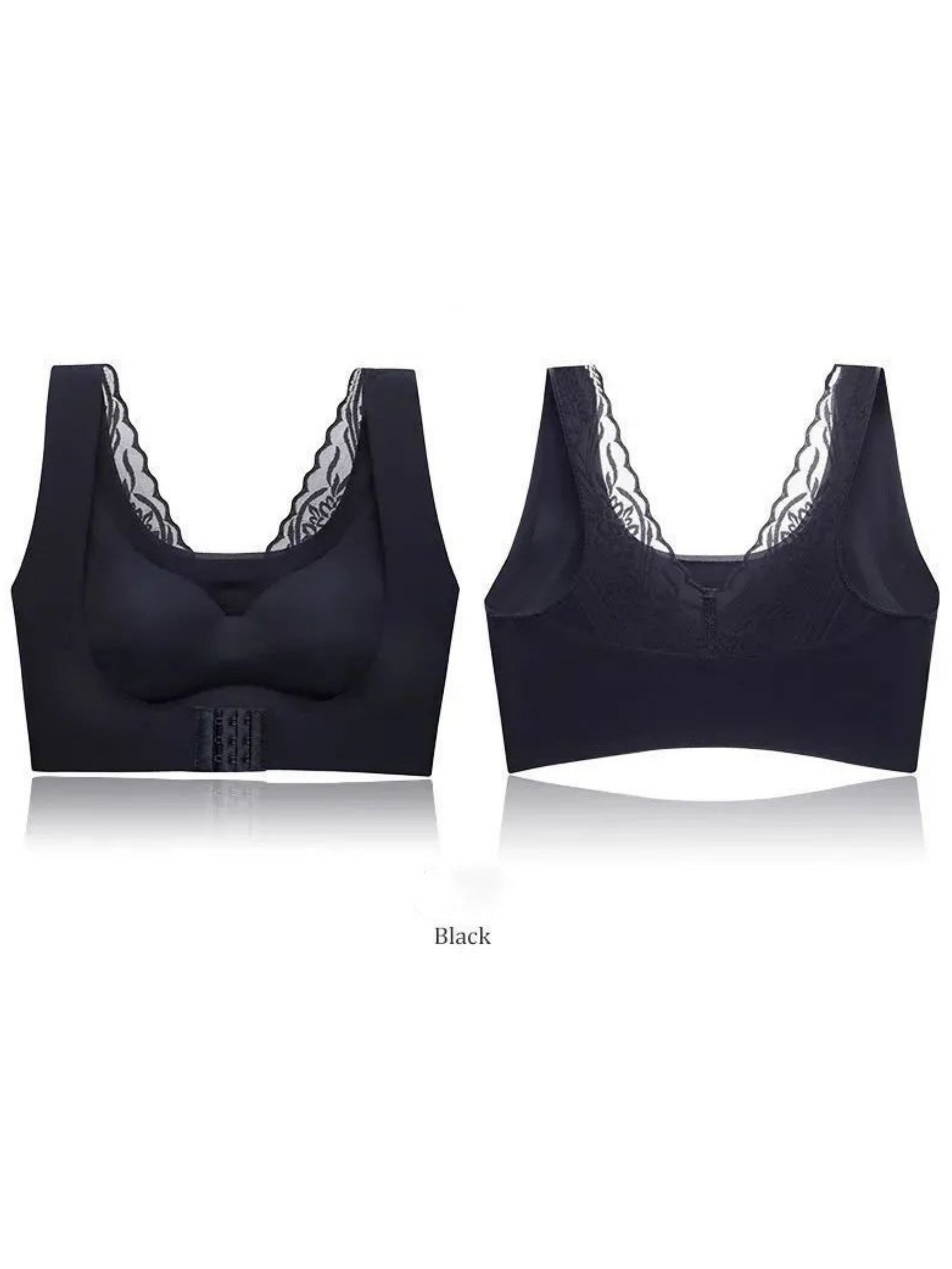 Front Closure Lace Seamless Wireless Bra Padded, Non-Slip, Beautiful Back, Large Sizes Black