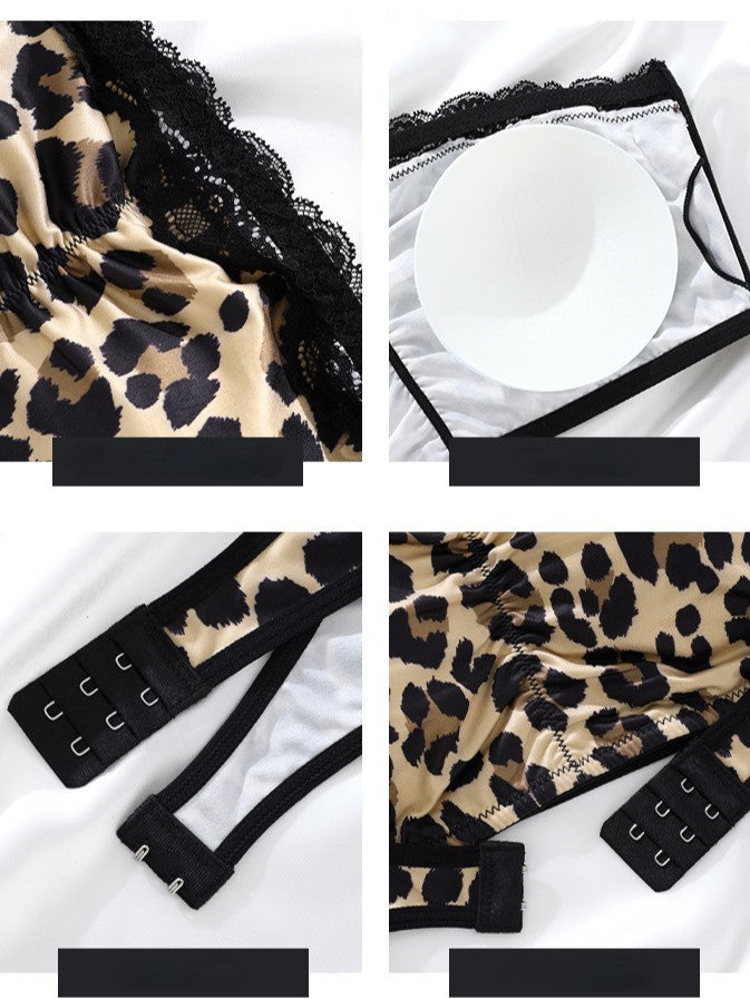 Front Closure Sexy Leopard Print Lace Push Up Backless Bra