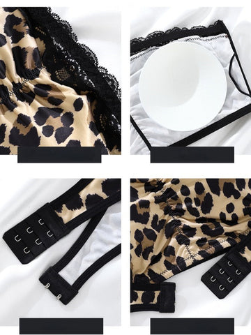 Sujetador push up de encaje con estampado de leopardo sexy con cierre frontal y sin espalda