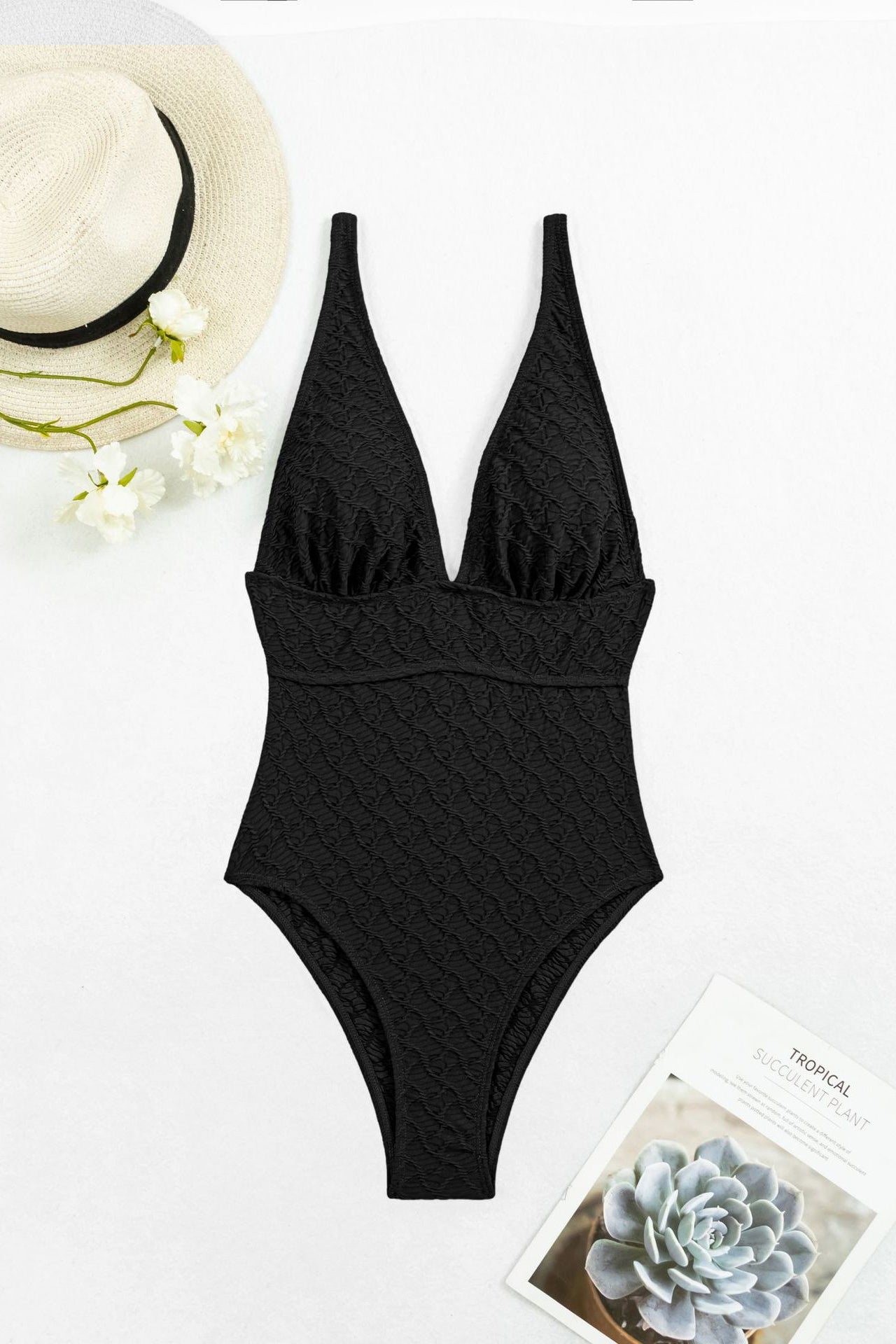 Backless V-Neck Sleeveless One-Piece Swimwear  - Black