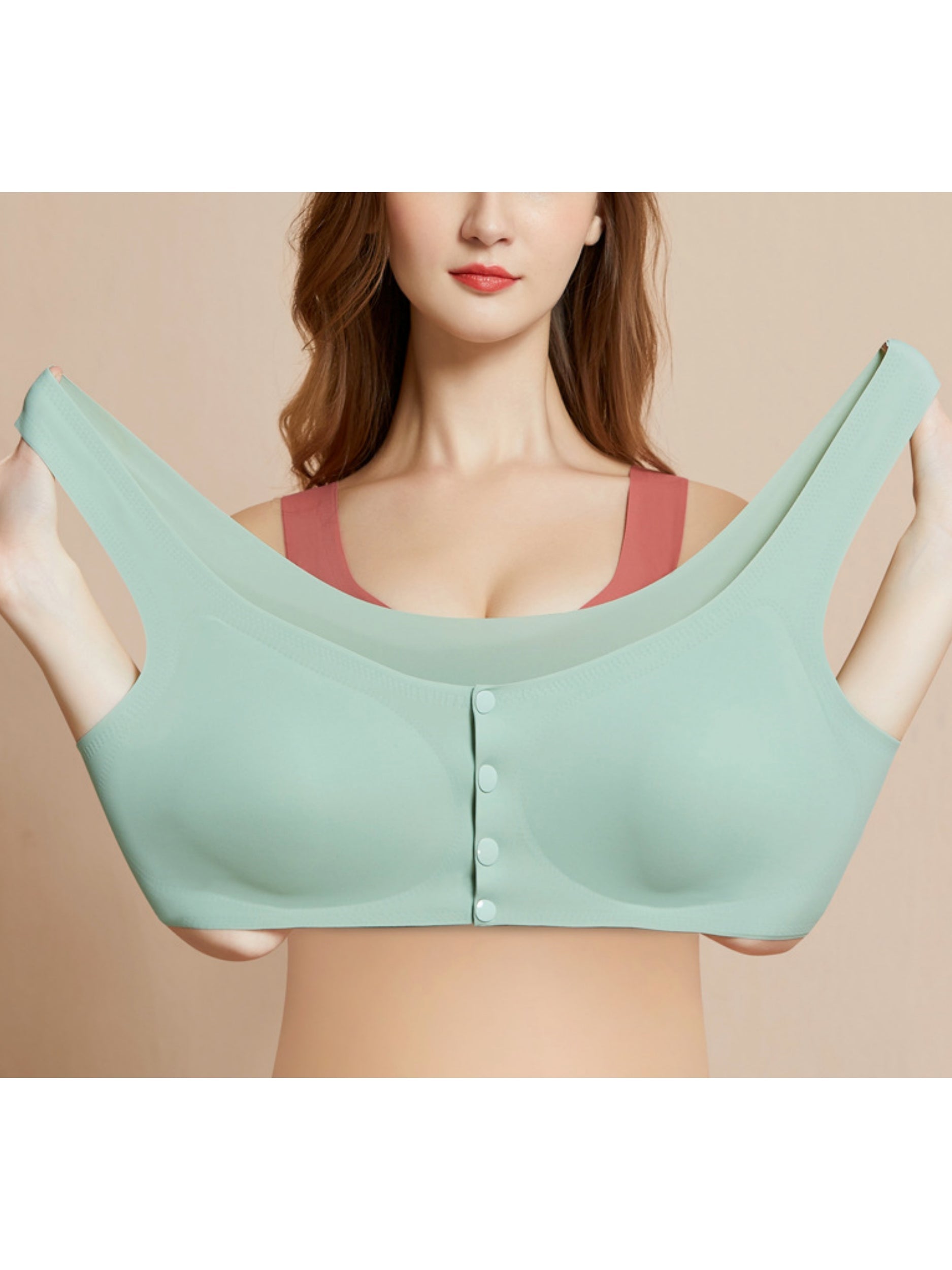 Ladies' Solid Color Front Closure Seamless Bra Cyan