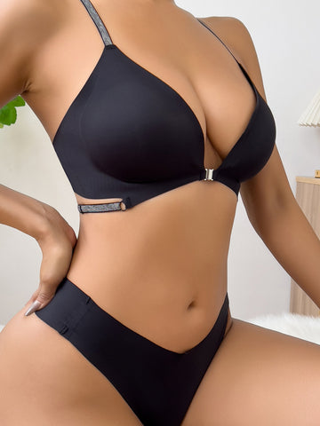 Conjunto de sujetador y tanga sexy, transpirable, sin costuras y con cierre frontal