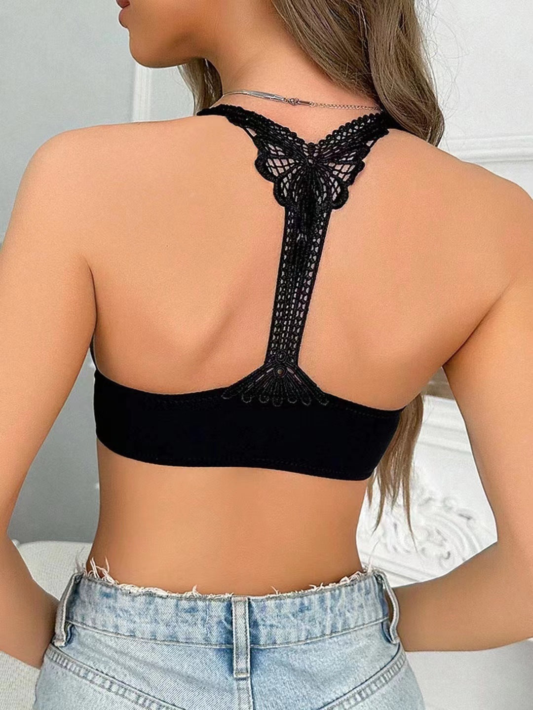 Fashionable & Simple Front Closure Halter Neck Push-up Comfortable Bra Black