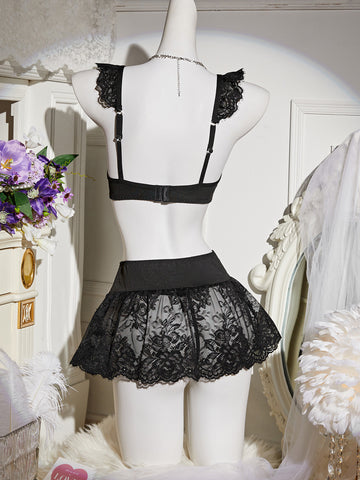 Bow Tie Contrast Lace Decor Lingerie Set Skirt
