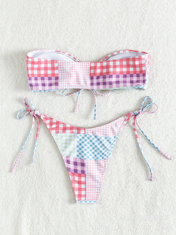 Plaid Drawstring Bandeau Bikini