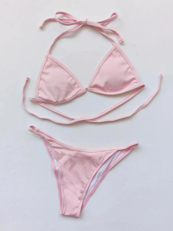 Conjunto de bikini elástico de 4 piezas en color liso - Rosa