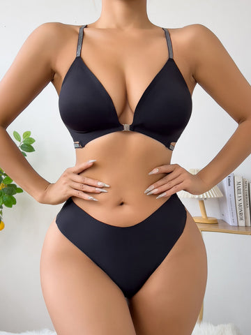 Conjunto de sujetador y tanga sexy, transpirable, sin costuras y con cierre frontal