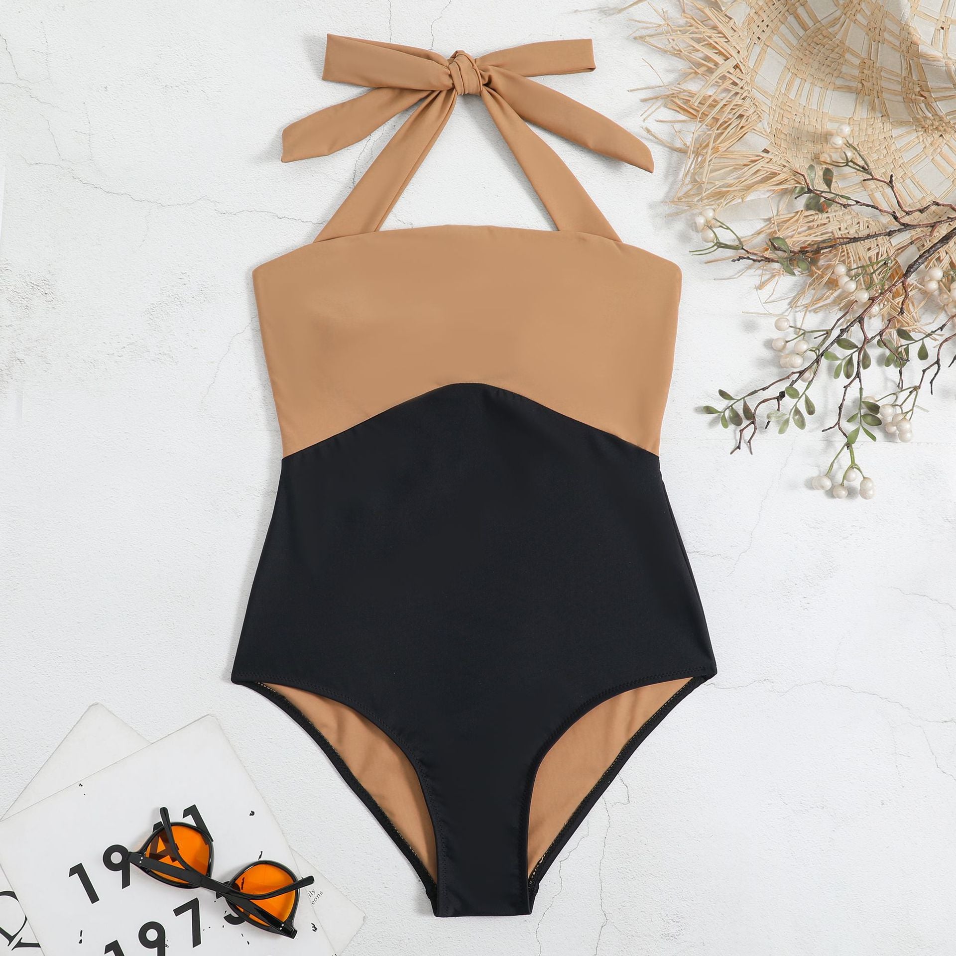 Color Block Halter One Piece Swimsuit