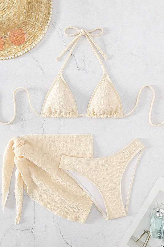 Summer Beach Plain Halter Push Up Bikini Set With Beach Skirt