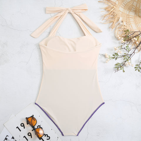 Color Block Halter One Piece Swimsuit