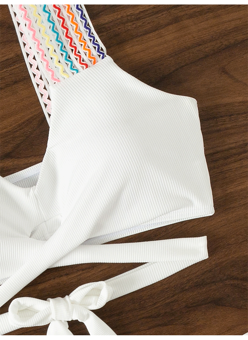 COLORFUL WAVY RIBBED BIKINI SET  -  WHITE