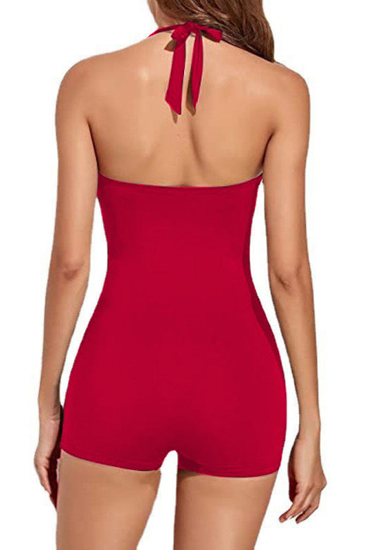 Traje de baño de una pieza con cuello halter para mujer - Rojo