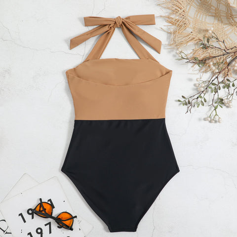 Color Block Halter One Piece Swimsuit