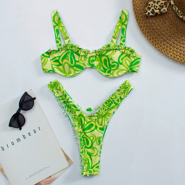 Floral Print Ruffle-Trimmed Plunge One Piece Swimsuit