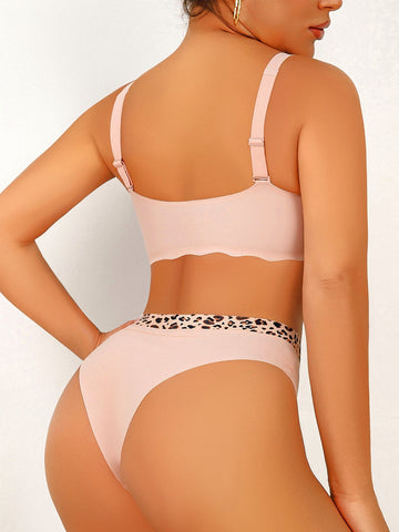 Conjunto de sujetador push-up transpirable con estampado de leopardo hueco en color rosa