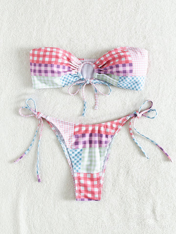 Plaid Drawstring Bandeau Bikini