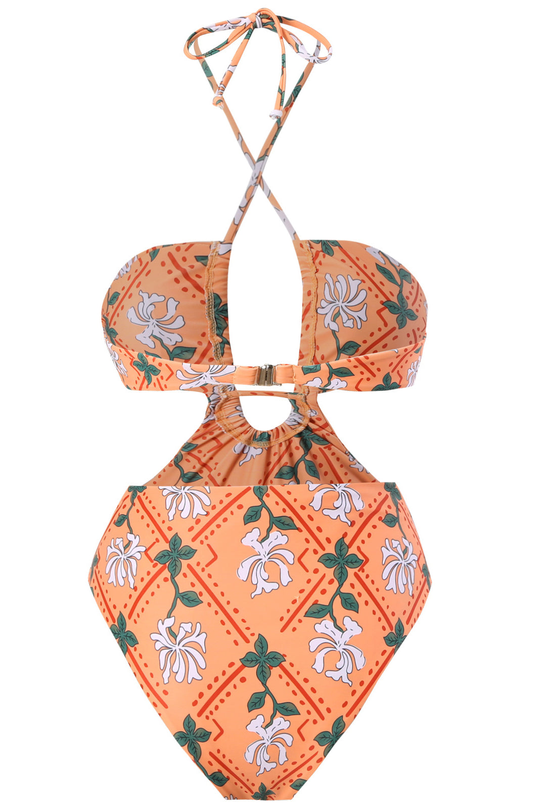 Floral Printed Cutouts Halter One Piece Swimsuit - Orange