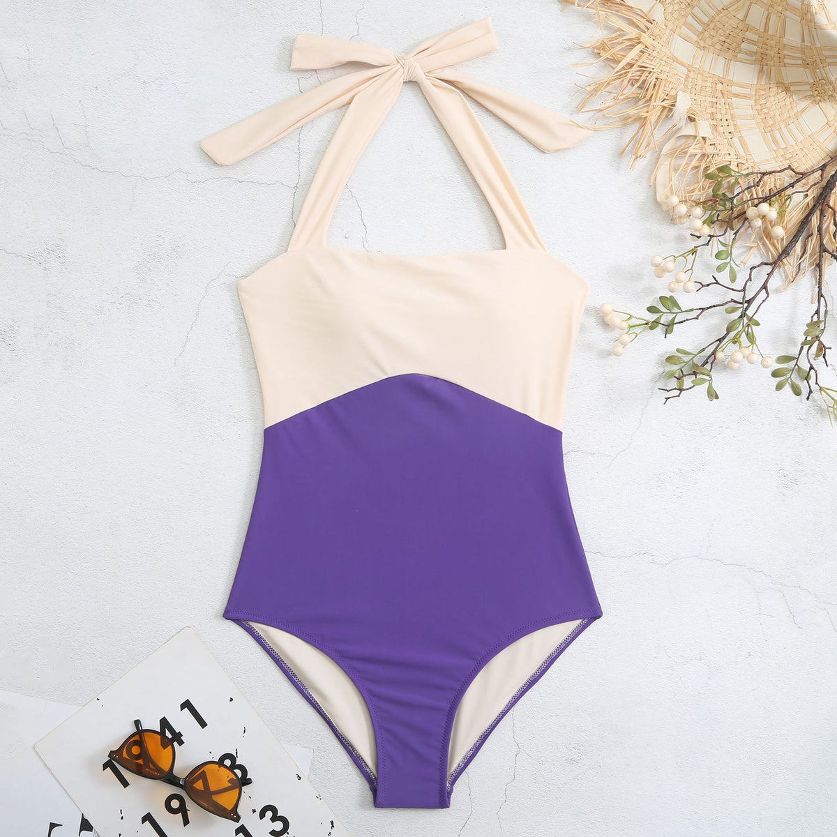 Color Block Halter One Piece Swimsuit