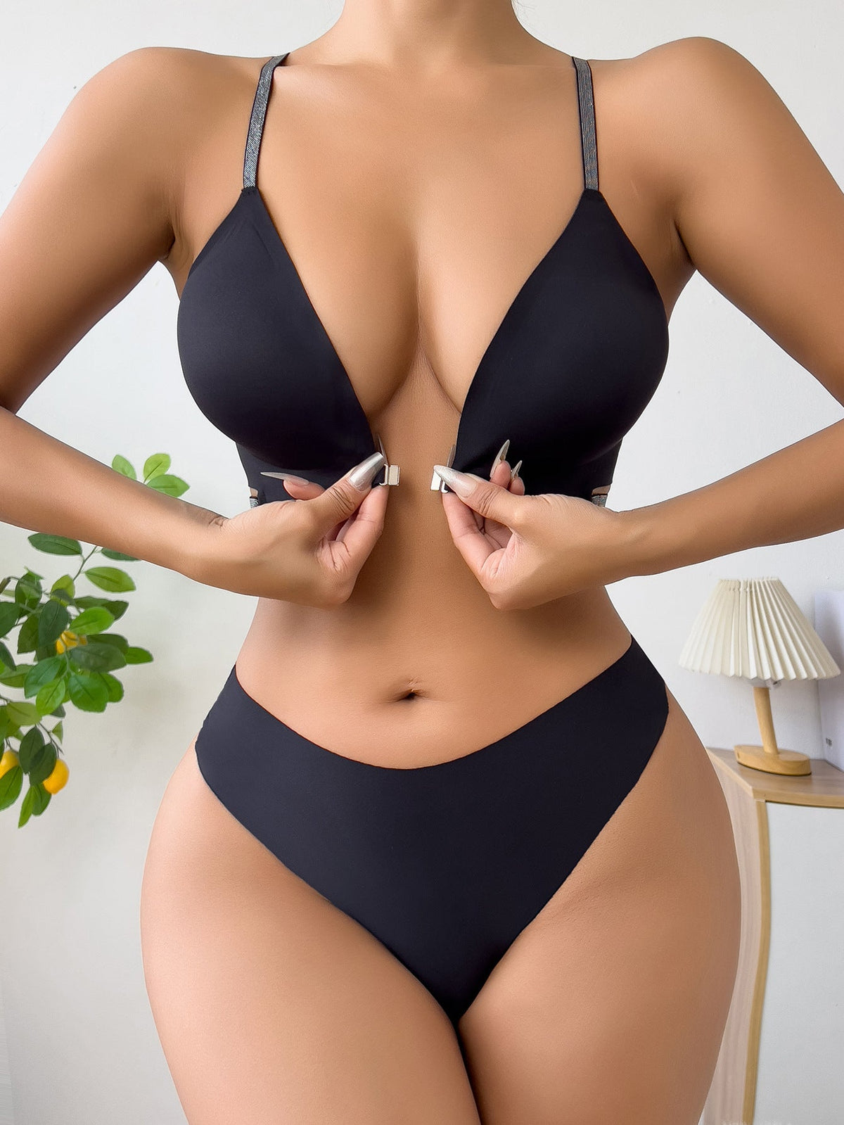 Conjunto de sujetador y tanga sexy, transpirable, sin costuras y con cierre frontal