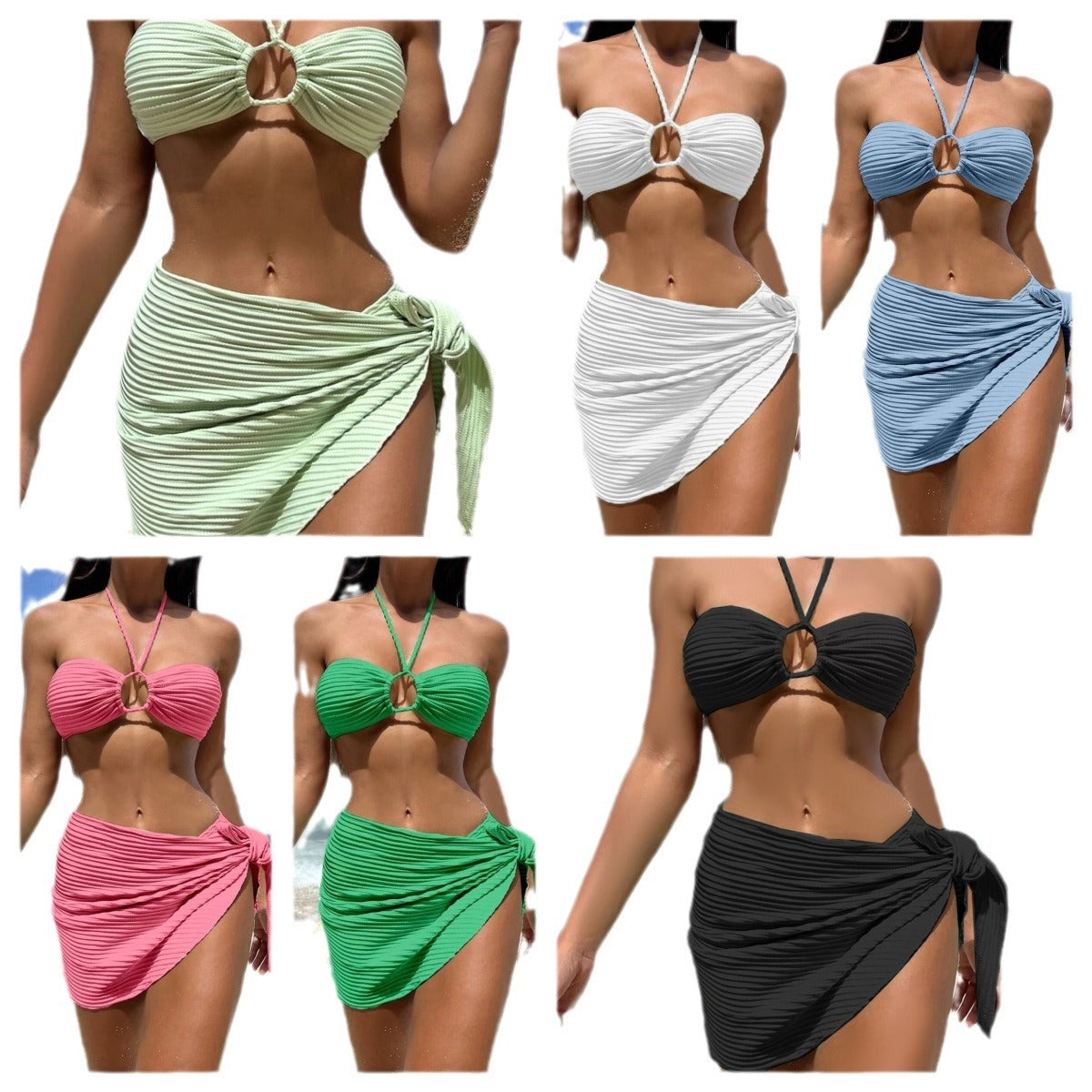 Hollow Drawstring Bikini 3 Piece Set