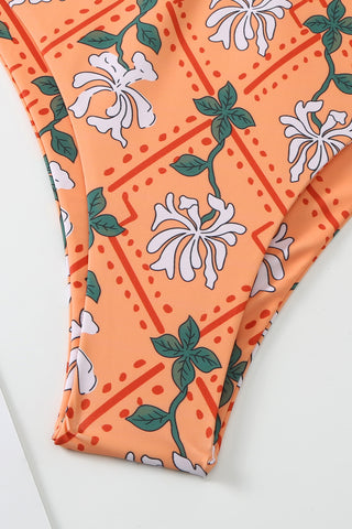 Floral Printed Cutouts Halter One Piece Swimsuit - Orange