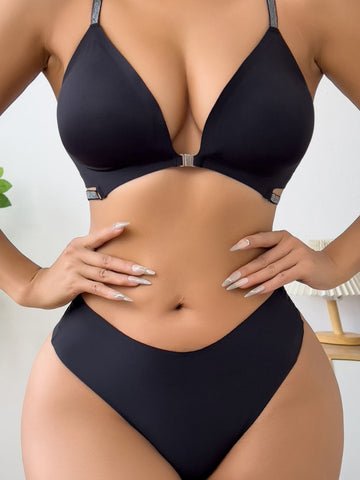 Conjunto de sujetador y tanga sexy, transpirable, sin costuras y con cierre frontal