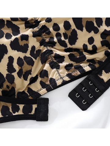 Sujetador push up de encaje con estampado de leopardo sexy con cierre frontal y sin espalda