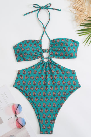 Floral Printed Cutouts Halter One Piece Swimsuit - Green