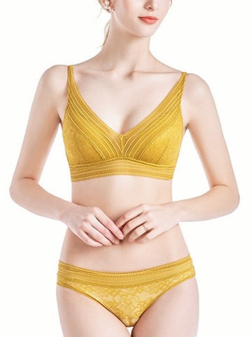 Semi-sheer Lace Scoop Bras, Comfort Wireless Everyday Bra Set Yellow