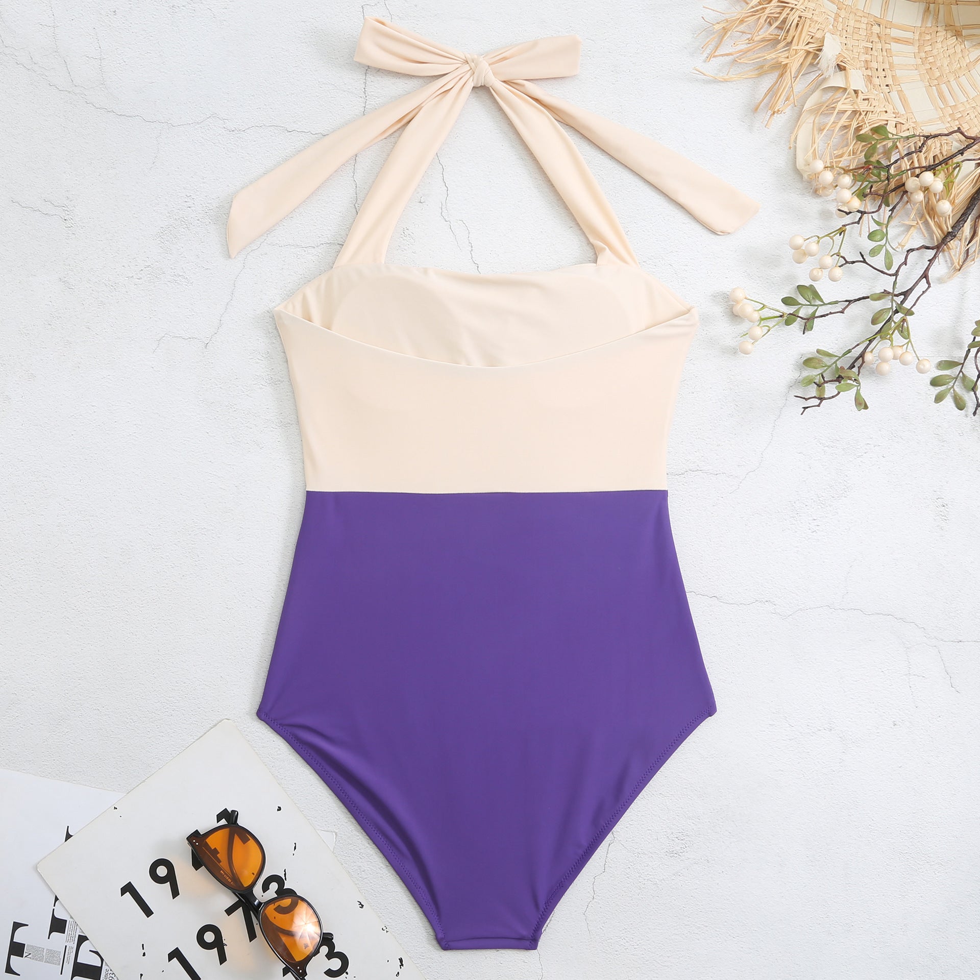 Color Block Halter One Piece Swimsuit