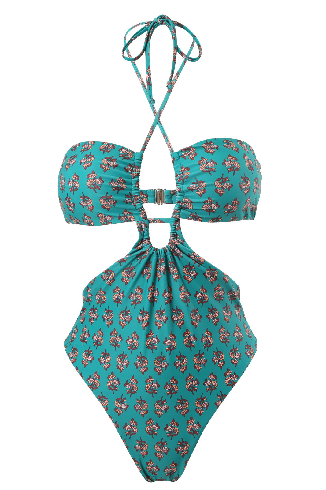 Floral Printed Cutouts Halter One Piece Swimsuit - Green