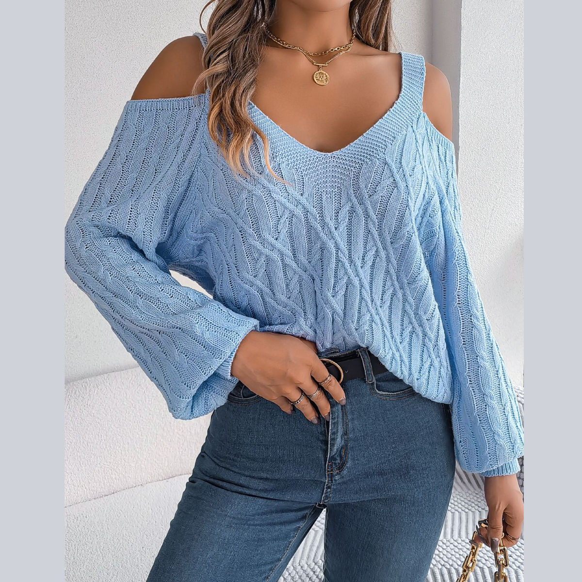 Ombretta - Blue Cold Shoulder V Neck Sweater